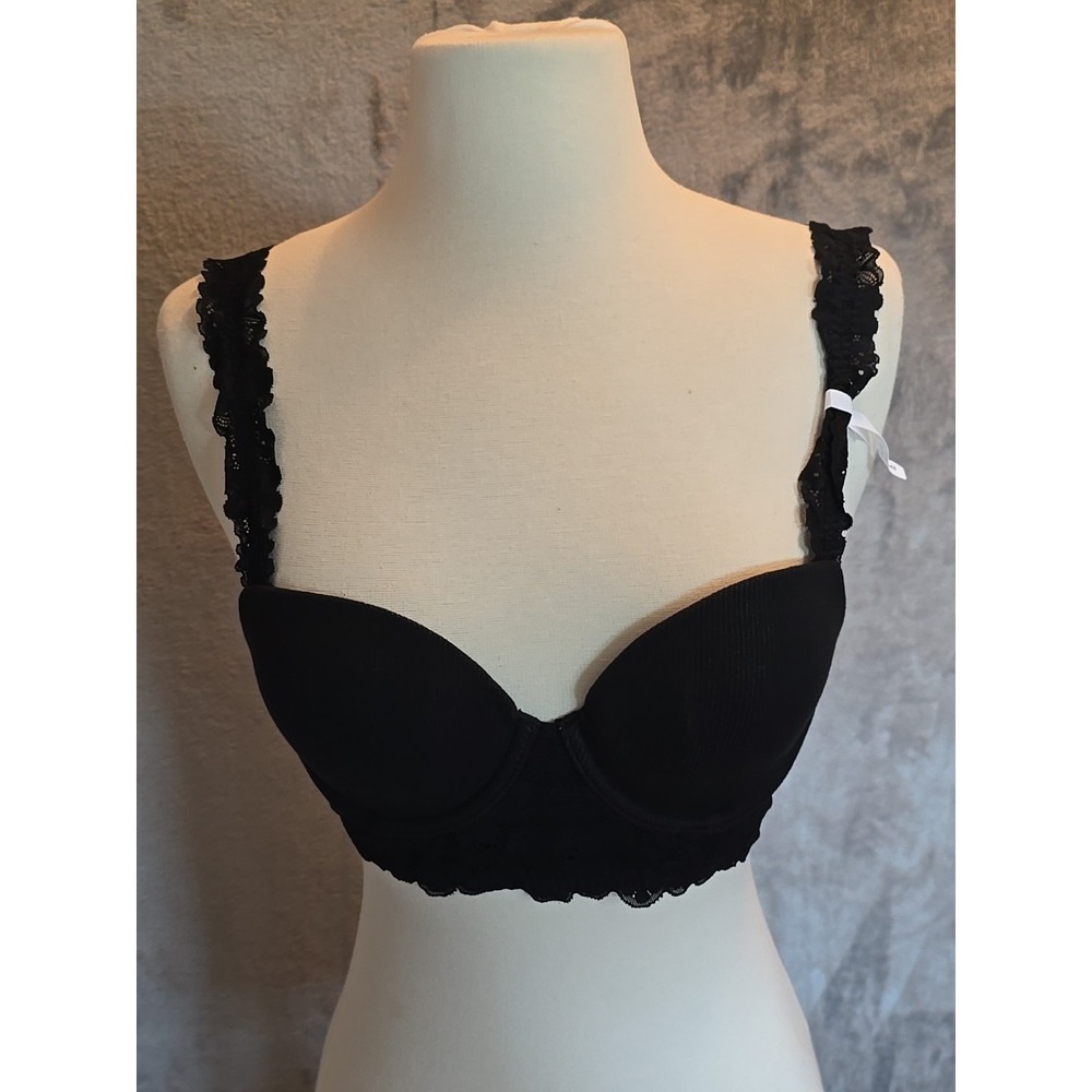 Aerie Black‎ Demi Bra Lace Trim Ribbed Padded Underwire Size 34B